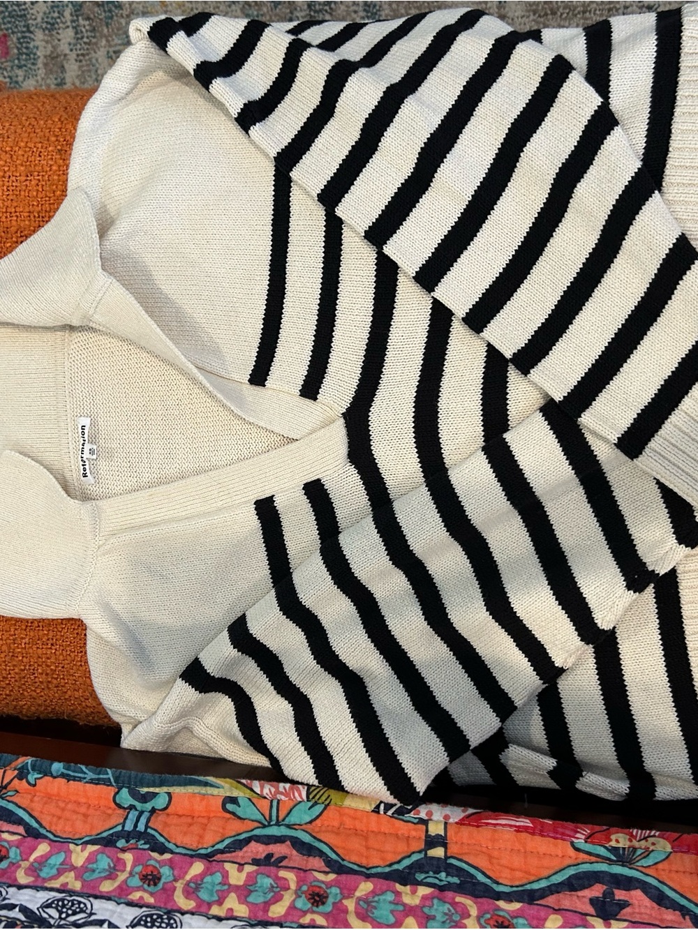 Reformation Black & Cream Striped V-Neck Sweater